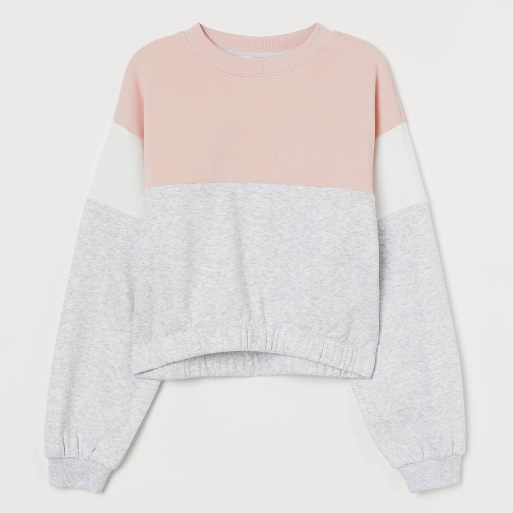H&M Cropped Powder Pink Gray White Colorblock Dropped Shoulder Sweatshirt 10-12Y